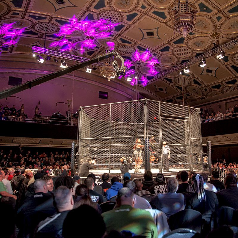 grand-events3 A large crowd gathers in an arena, intently watching an exciting wrestling match unfold in the center ring.